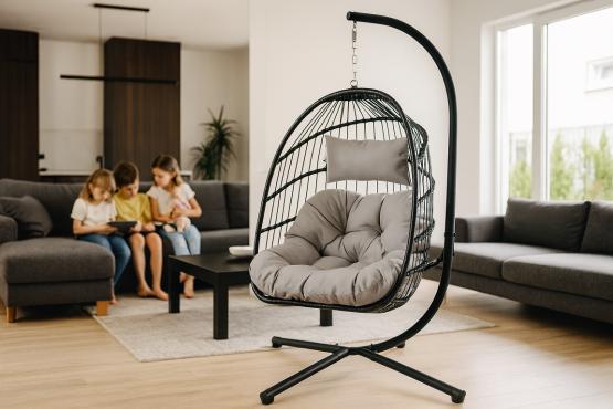 Fotel Wiszący Hage Garden Line Szary z Ciemnoszarą Poduszką i Czarną Ramą