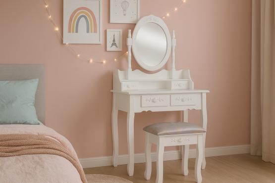 TOALETKA BIAŁA KOSMETYCZNA Z LUSTREM + TABORET 