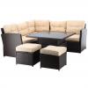 Zestaw Mebli Rattanowych Garden Line Brązowy z Kremowymi Poduszkami (Sofa Narożna + 2 Pufy + Stolik z Regulowaną Wysokością)