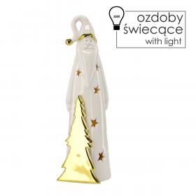 FIGURKA BOŻONAR.  MIKOŁAJ BIAŁY ZE ZŁOTĄ CHOINKĄ 24.8 CM LED