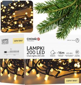 LAMPKI LED KULKI 200L CIEPŁY BIAŁY, DŁ. 3 + 16 M 