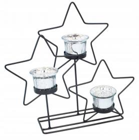 ŚWIECZNIK METALOWY NA TEALIGHT CZARNY  GWIAZDKI Z TRZEMA WKŁADAMI SZKLANYMI 29 CM