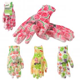 RĘKAWICE OCHRONNE "9" DZIANE WZÓR OWOCE Z POLIESTRU POKRYTE POLIURETANEM