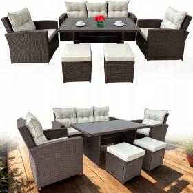 ZESTAW MEBLI OGRODOWYCH RATTAN STÓŁ SOFA FOTELE 7 OSÓB TARAS PATIO