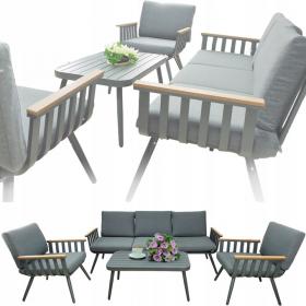 ZESTAW MEBLI OGRODOWYCH SZARY SOFA 3 OS. 2 FOTELE STOLIK PODUSZKI