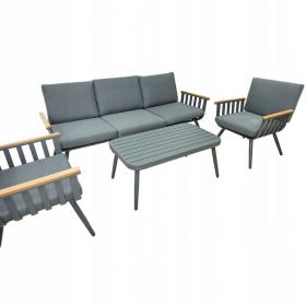 ZESTAW MEBLI OGRODOWYCH SZARY SOFA 3 OS. 2 FOTELE STOLIK PODUSZKI