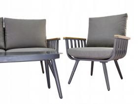 ZESTAW MEBLI OGRODOWYCH SZARY SOFA 2 FOTELE STOLIK PODUSZKI ALUMINIUM