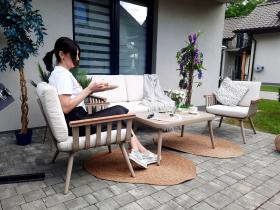 ZESTAW MEBLI ALUMINIOWYCH (SOFA + 2 FOTELE + STOLIK) BEŻOWY + BEŻOWE PODUSZKI *9408