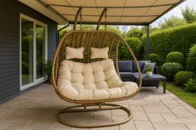 Fotel Wiszący Suri Dwuosobowy Garden Line Naturalny z Kremową Poduszką i Naturalną Ramą